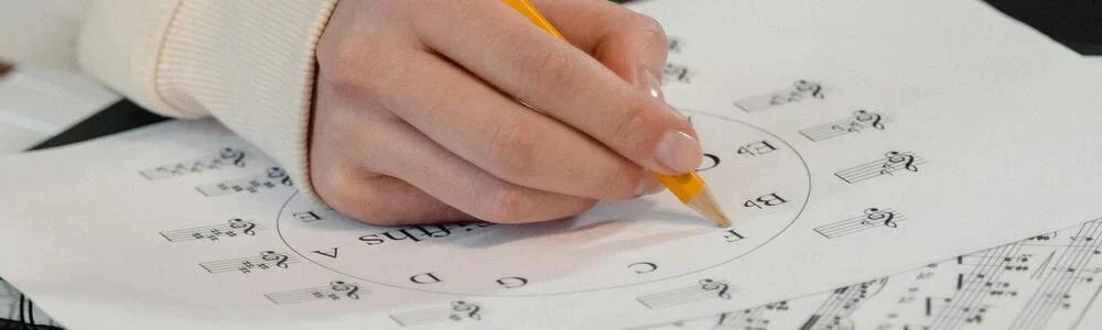 Circle of fifths chart showing major and minor keys, chord relationships and key signatures for music production